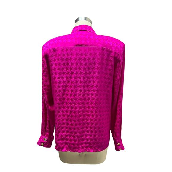 VTG 80’s The Silk Farm 100% Fuchsia Silk Blouse W/ Stars Gold Buttons SZ 10 - Picture 9 of 11